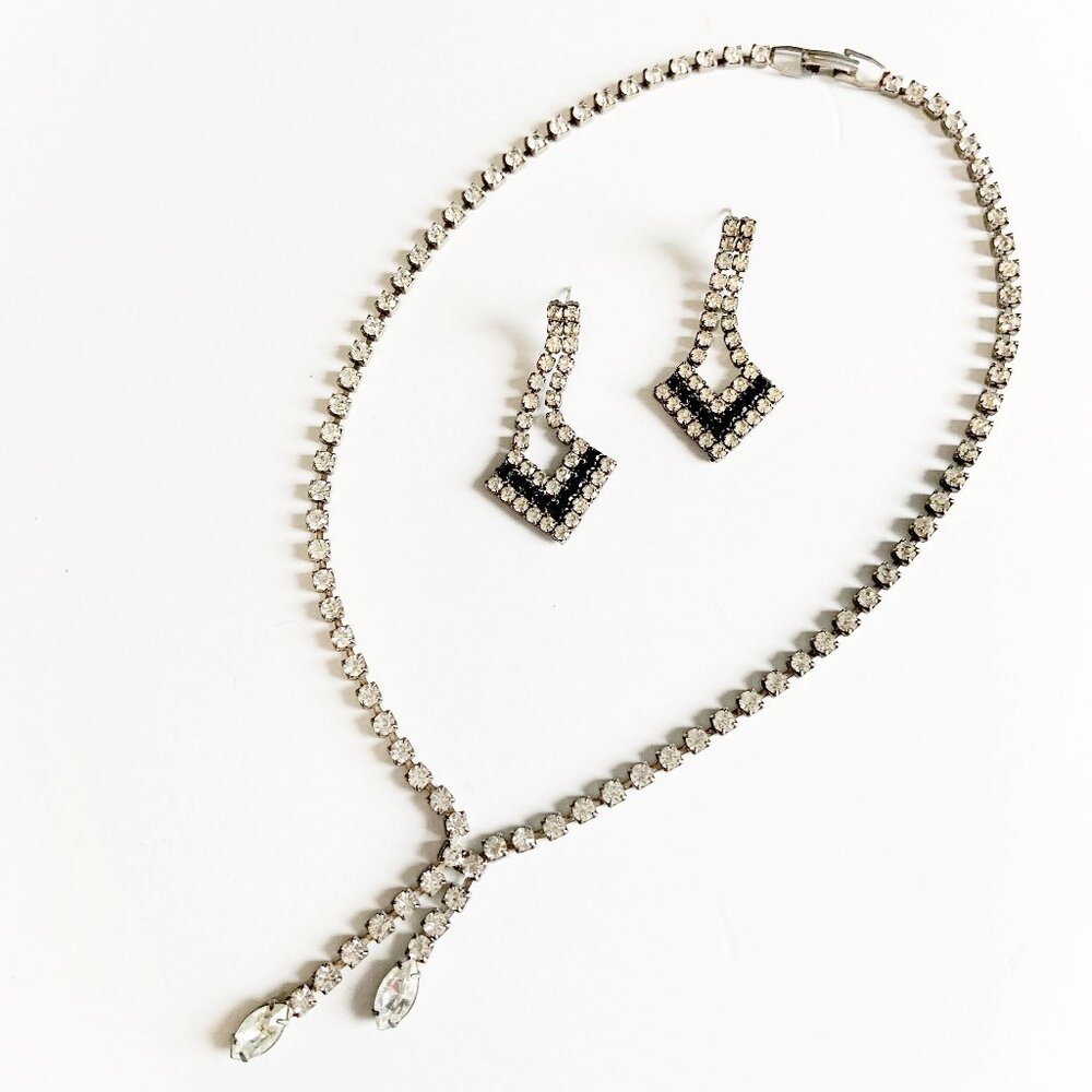 Vintage Jewellery Set - Rhinestone Necklace and Dangle Earrings with Black Stone